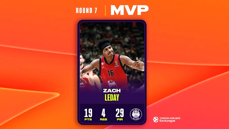 Euroleague: Ο Ζακ ΛεΝτέι αναδείχθηκε MVP της 7ης αγωνιστικής